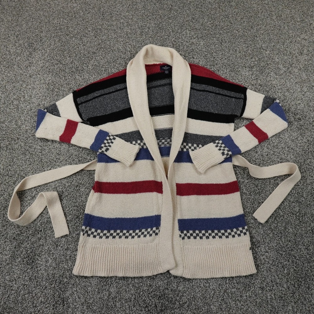 American Eagle Sweater Womens XS Beige Blue Shawl Tie Open Front Cardigan Preppy